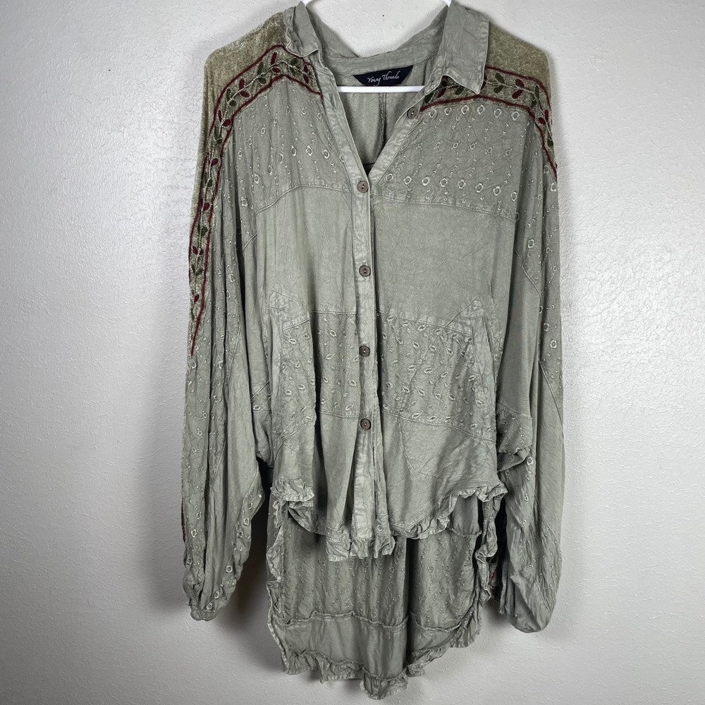 Young Threads Sage Green Embroidered Velvet Trim High-Low Boho Tunic Top Pockets